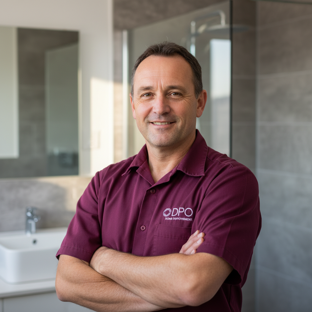 DPO Home Improvements owner standing in completed luxury bathroom renovation Eastbourne